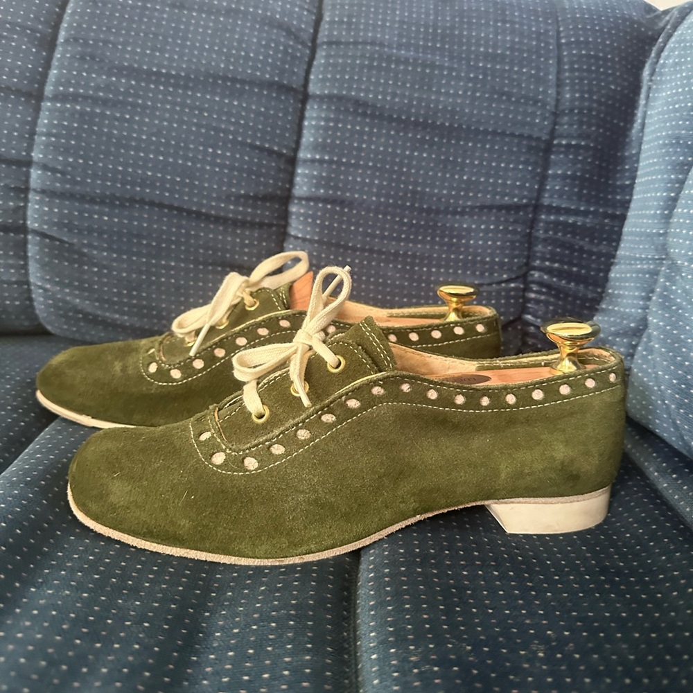 Vintage 70’s Dark Green Suede Tie Oxford Flat Shoes Bowling Shoes